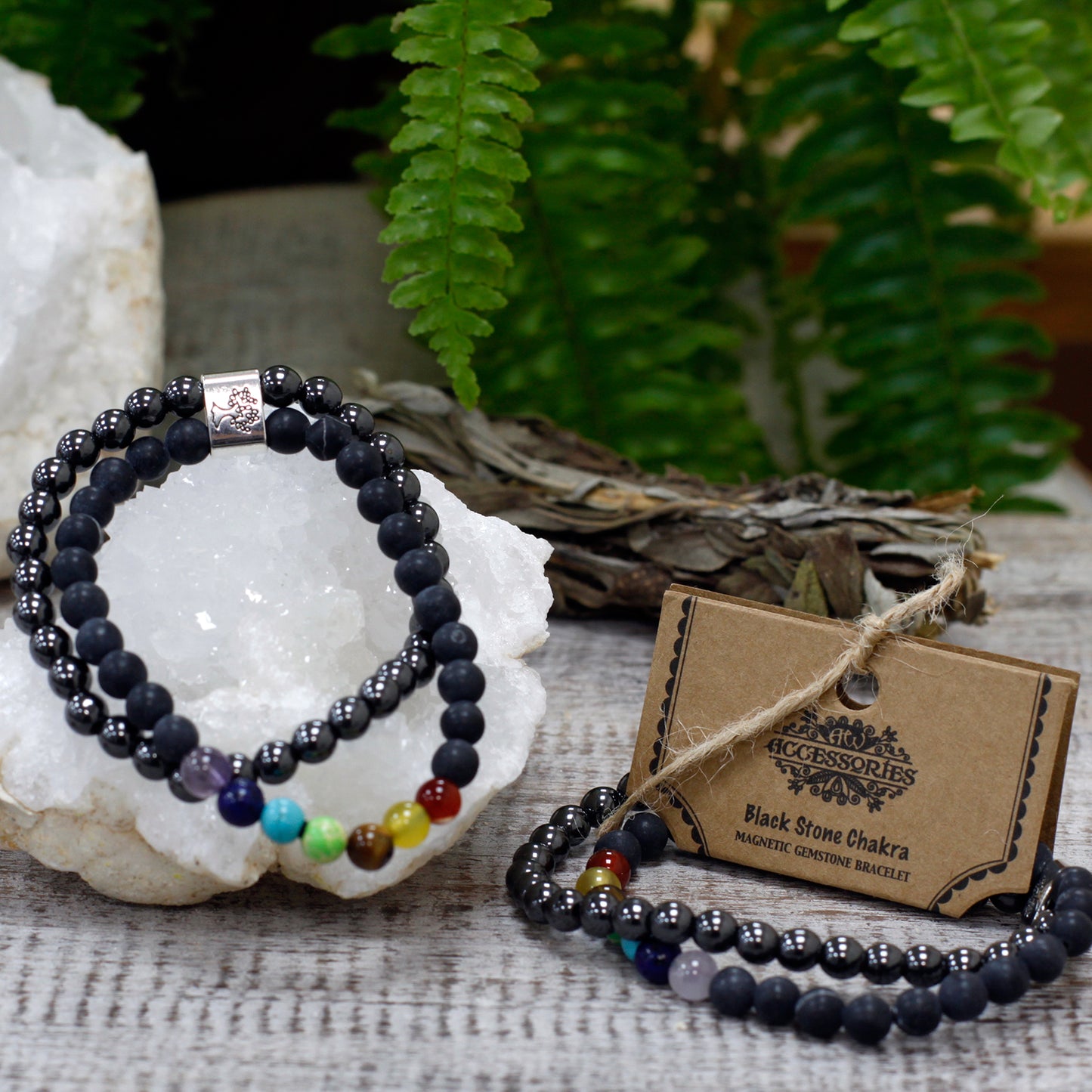 Chakra Healing Lava Stone and Hematite Bracelet Set with Chakra Beads - Magnetic Gemstone Bracelet