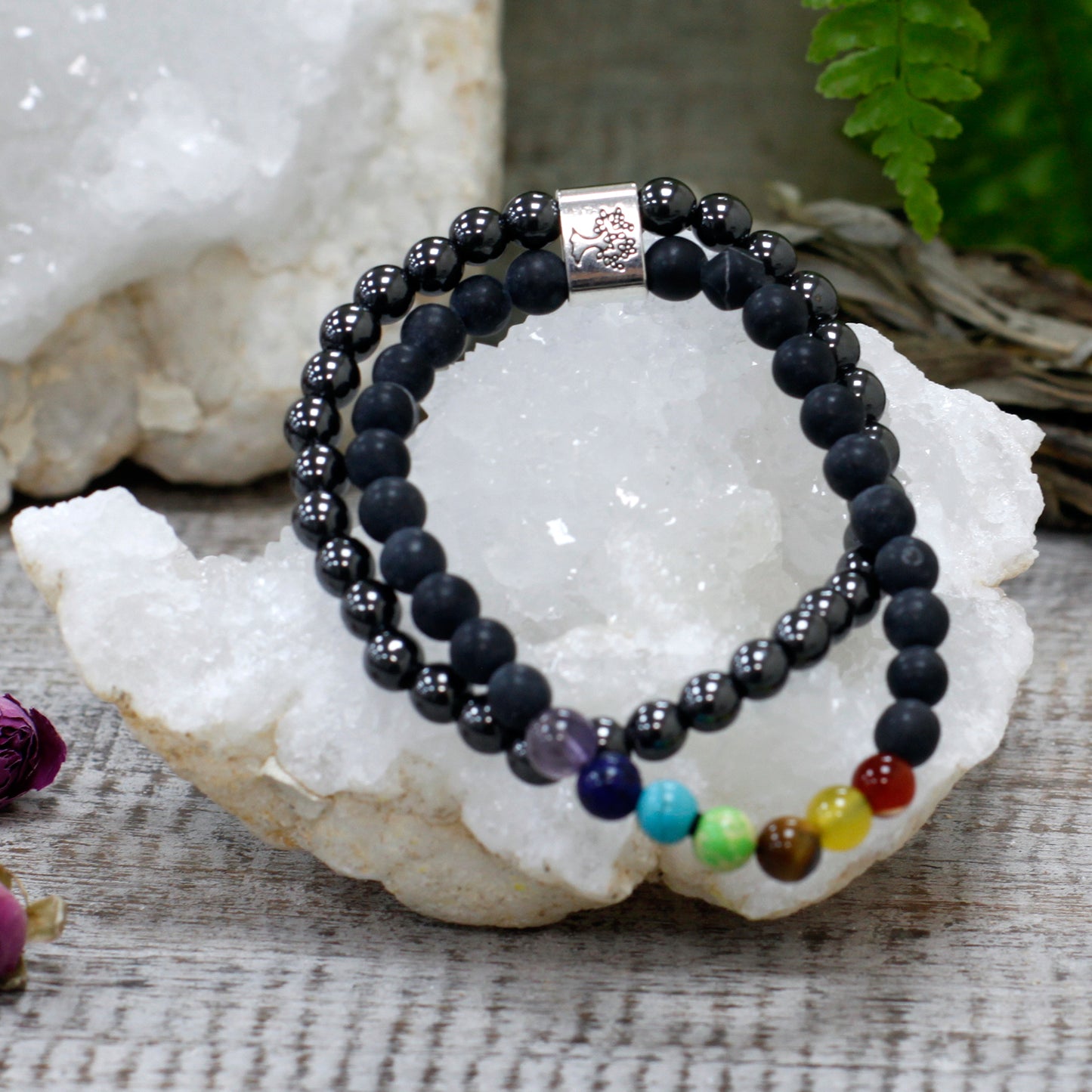 Chakra Healing Lava Stone and Hematite Bracelet Set with Chakra Beads - Magnetic Gemstone Bracelet