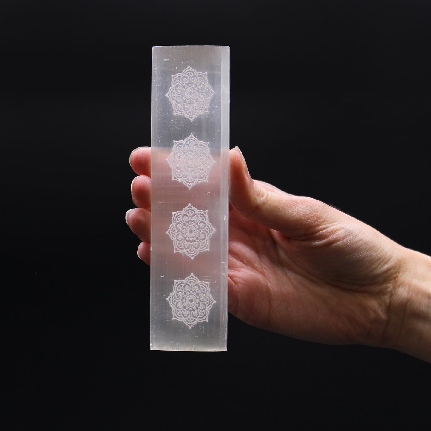 Selenite Charging Plate with Mandala Design - 15cm Flat Bar