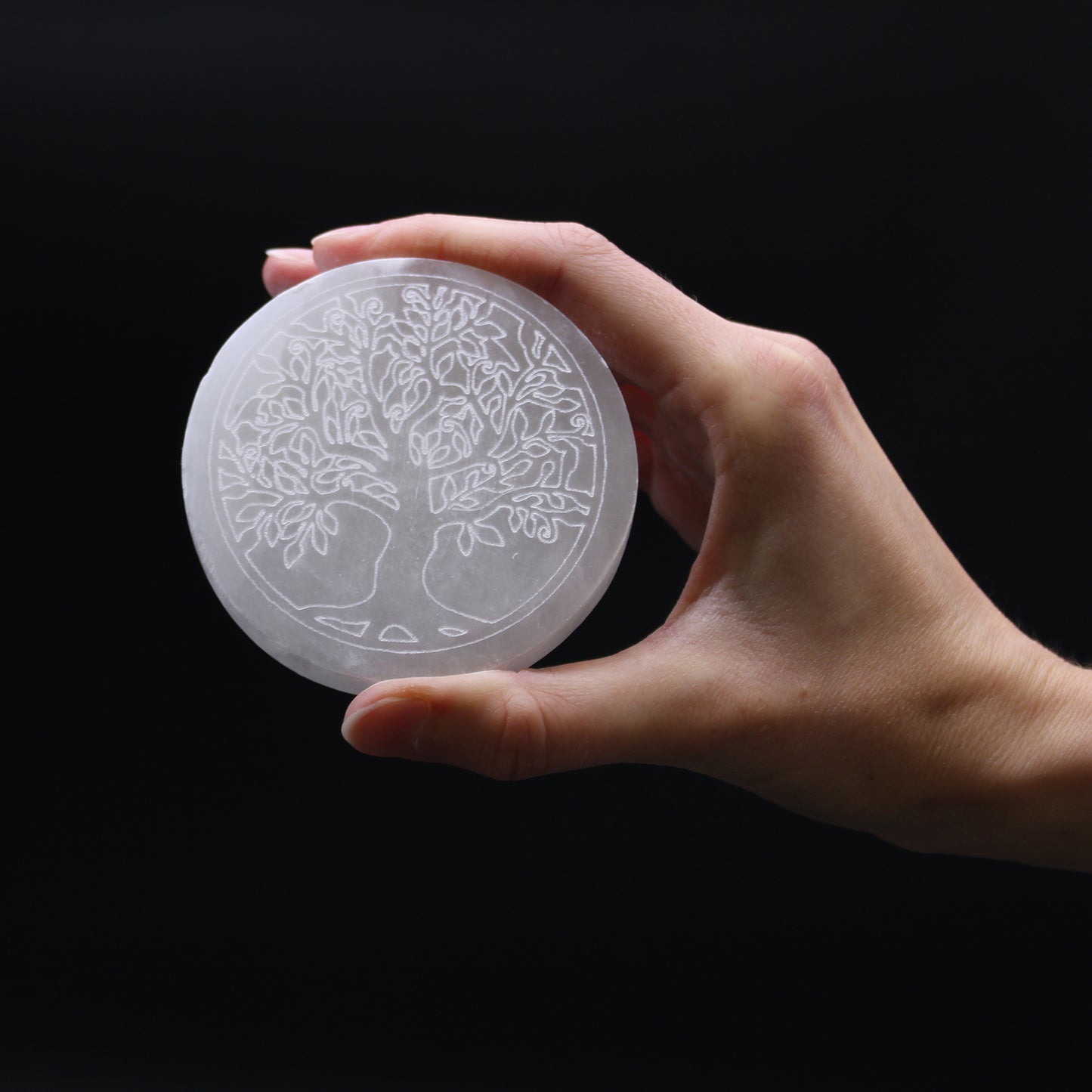 Selenite Charging Plate with Tree of Life Design - 8cm Round