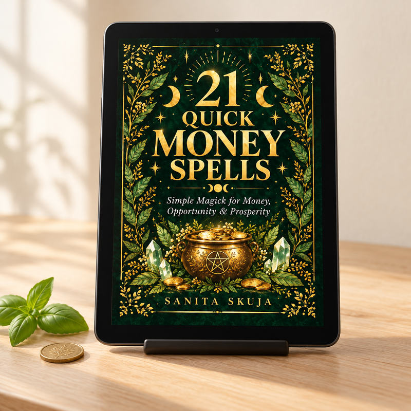 21 Quick Money Spells by Sanita Skuja displayed on a tablet, with a basil sprig and coin on a pale wooden table.
