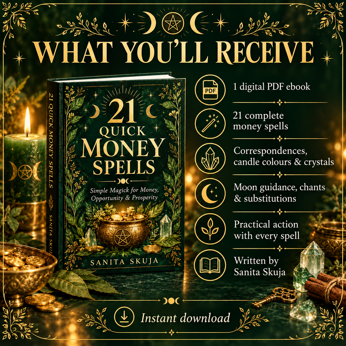 21 Quick Money Spells —  Simple Magick for Money, Opportunity & Prosperity - Digital PDF Ebook