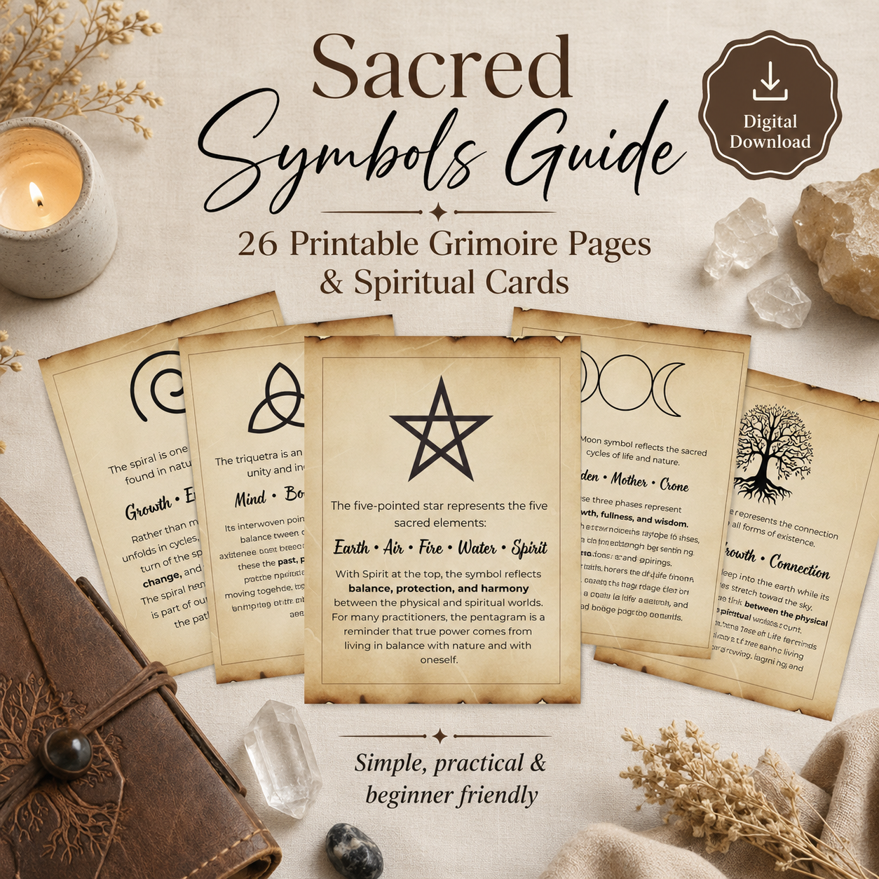 Sacred Symbols Guide – Printable Grimoire Pages & Spiritual Cards