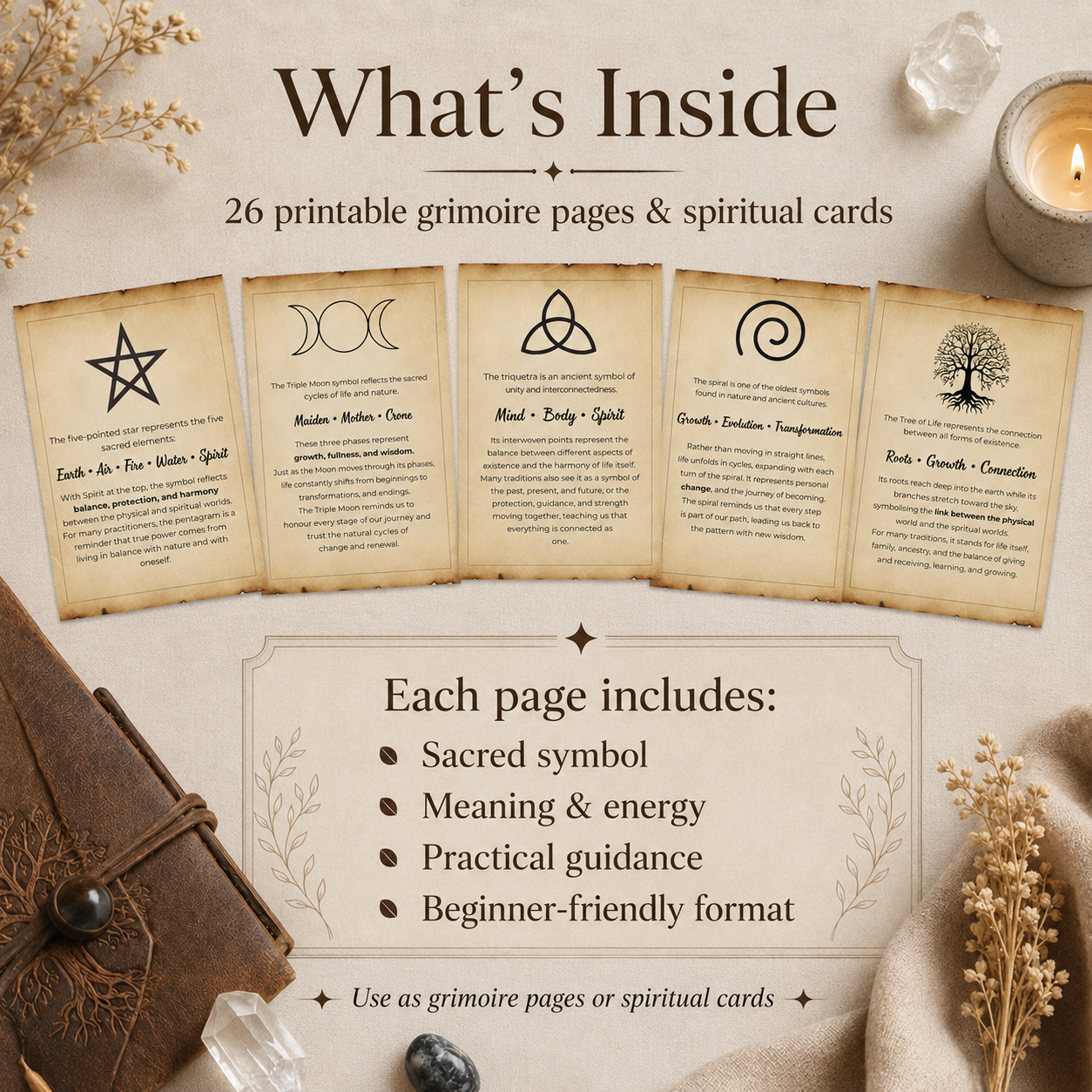 Sacred Symbols Guide – Printable Grimoire Pages & Spiritual Cards