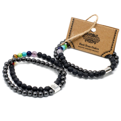 Chakra Healing Lava Stone and Hematite Bracelet Set with Chakra Beads - Magnetic Gemstone Bracelet