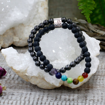Chakra Healing Lava Stone and Hematite Bracelet Set with Chakra Beads - Magnetic Gemstone Bracelet
