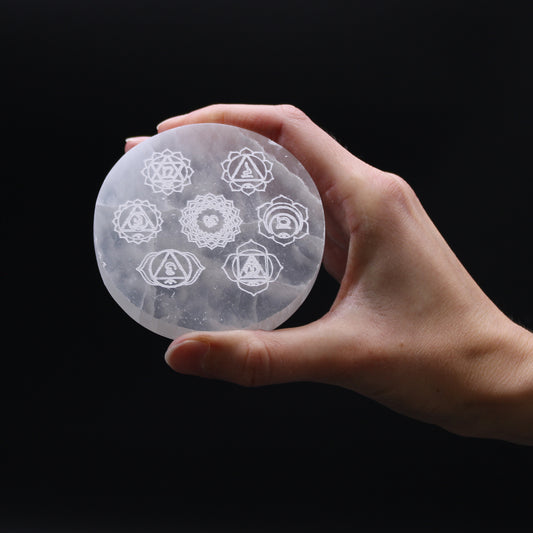 Selenite Charging Plate with Chakra Design - 8cm Round