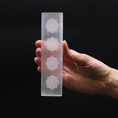 Selenite Charging Plate with Mandala Design - 15cm Flat Bar