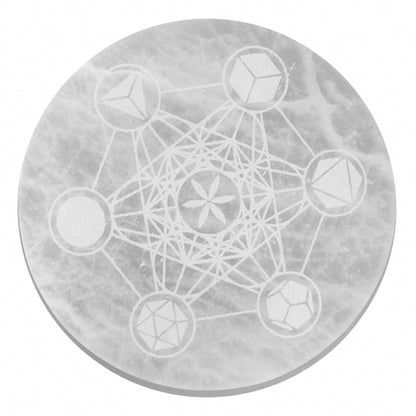 Selenite Charging Plate with Sacred Geometry Design - 18cm Round