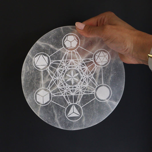 Selenite Charging Plate with Sacred Geometry Design - 18cm Round