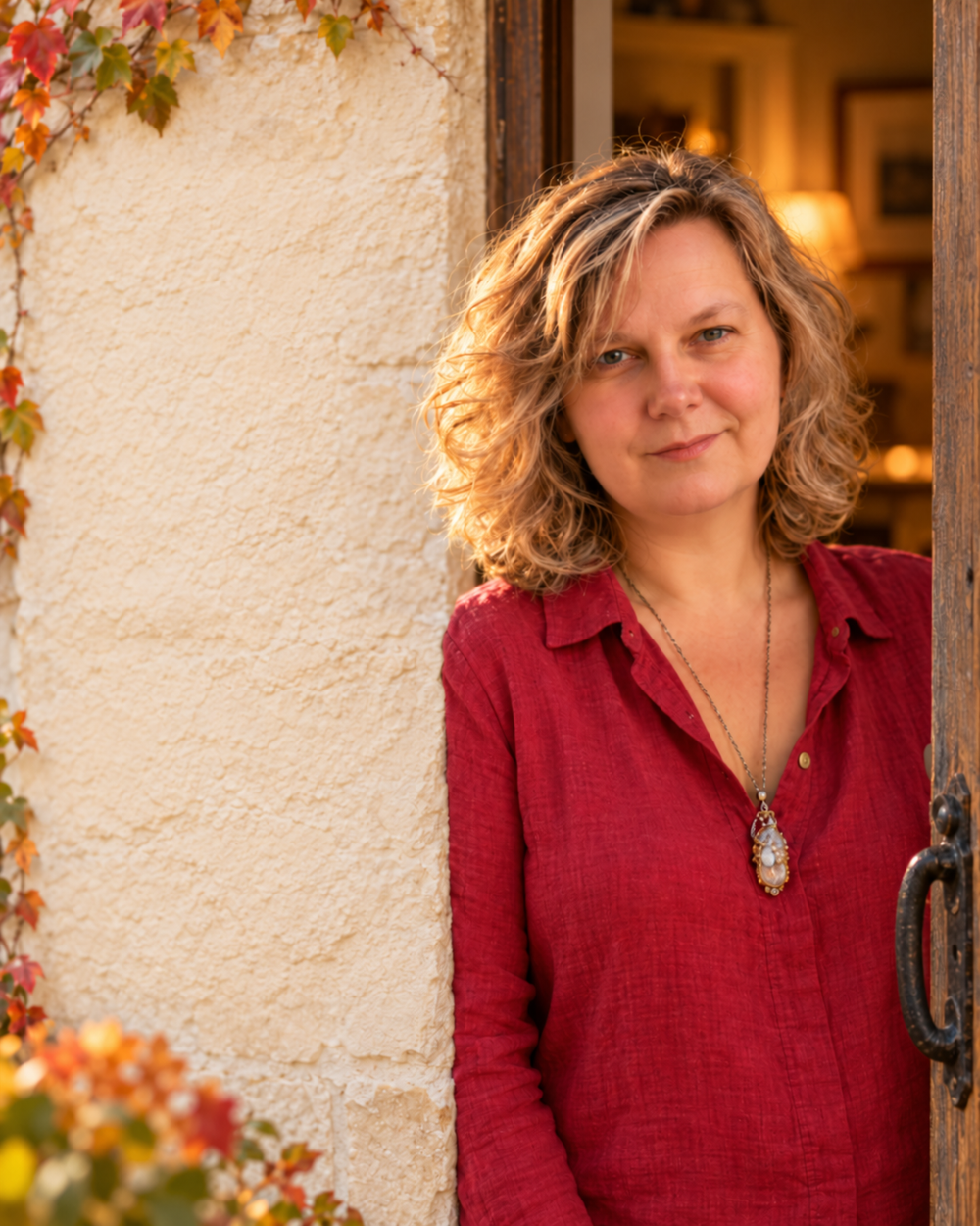 Sanita in a red shirt and crystal pendant, standing in a warmly lit doorway.